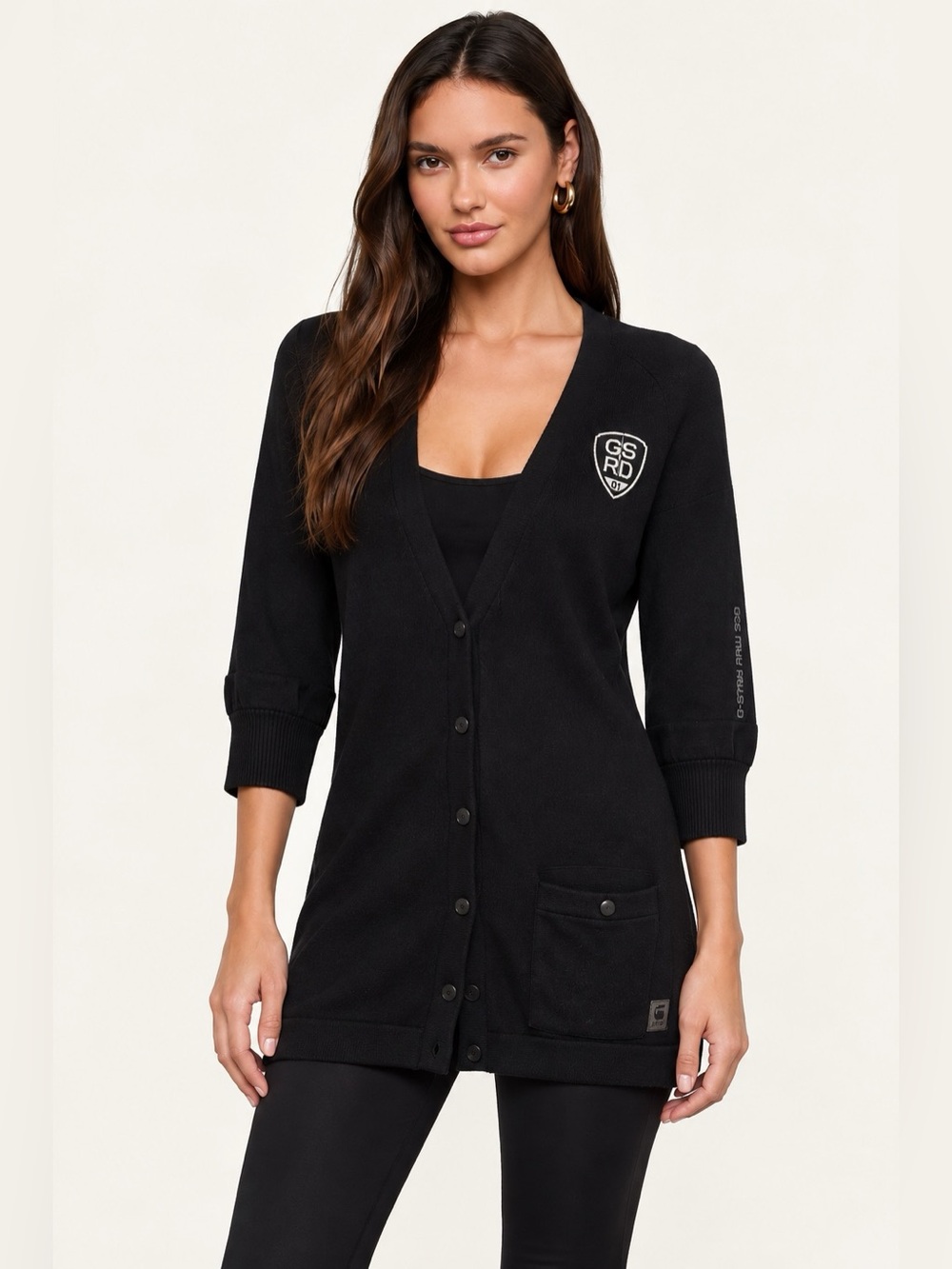 G-Star RAW Eagle Long Cardigan Black Logo Button Front Women Size XL